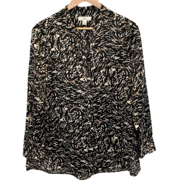 HALSTON oversized blouse long sleeve tunic Button up black abstract print Medium - Picture 1 of 11